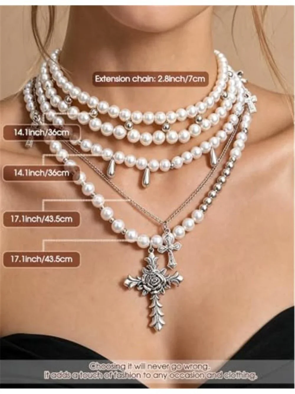 Layered Necklaces for Women Cross Pearl Chunky Stacked Necklace